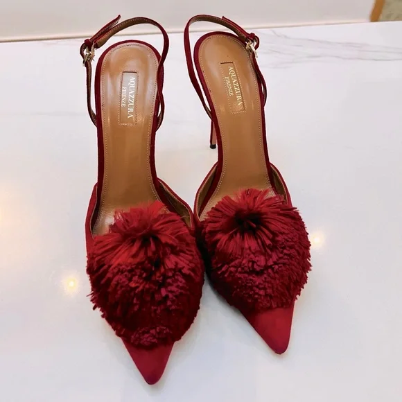 Aquazzura Red Pom Pom Heels - Picture 10 of 14